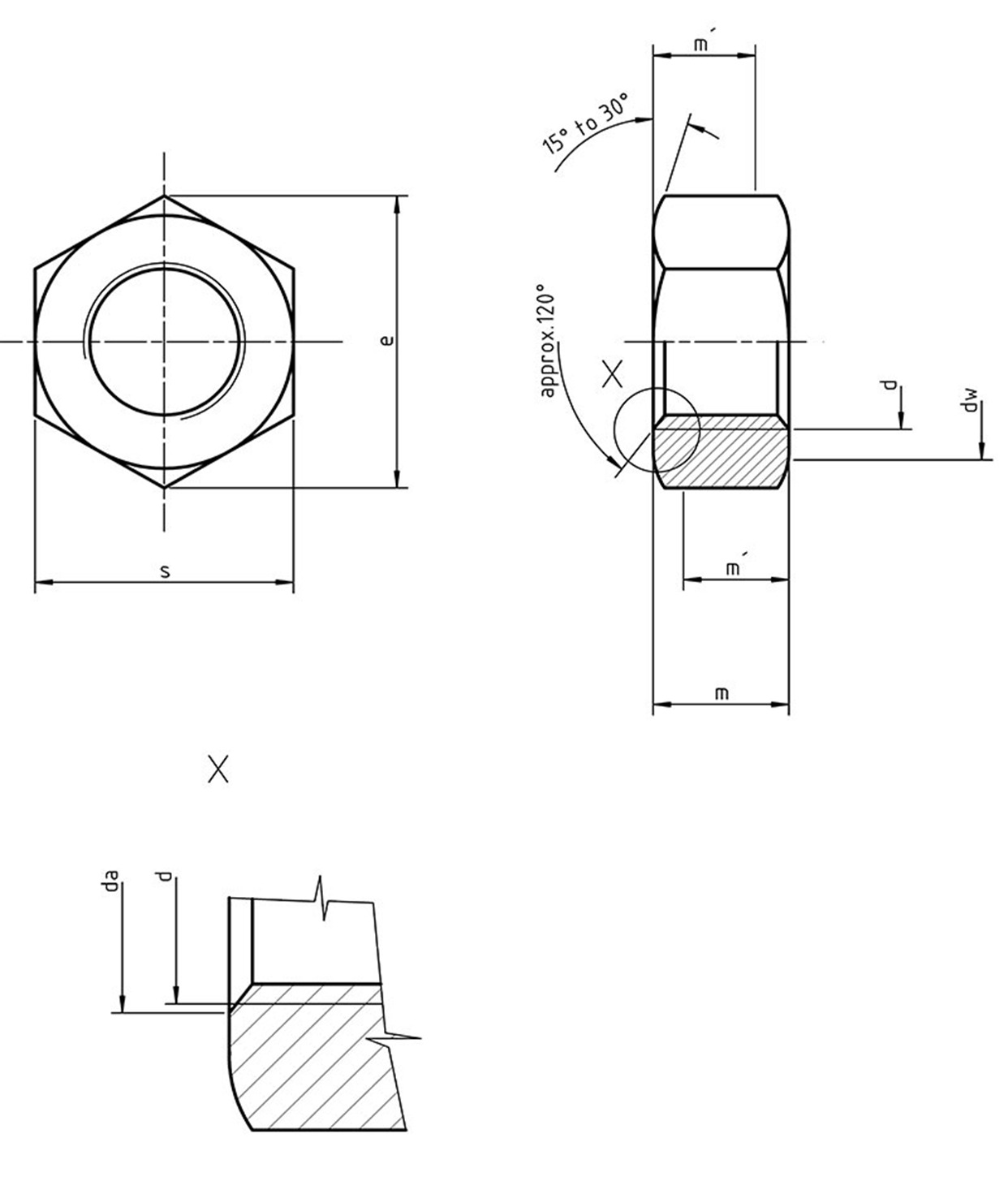 DIN 934 Hexagonal Nut Technical Drawing 1