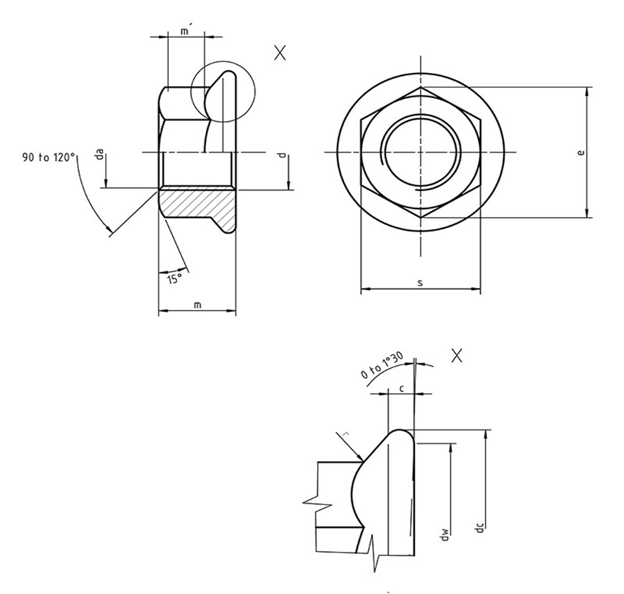 DIN 6923 Hexagonal Nut with Flange Technical Drawing 1