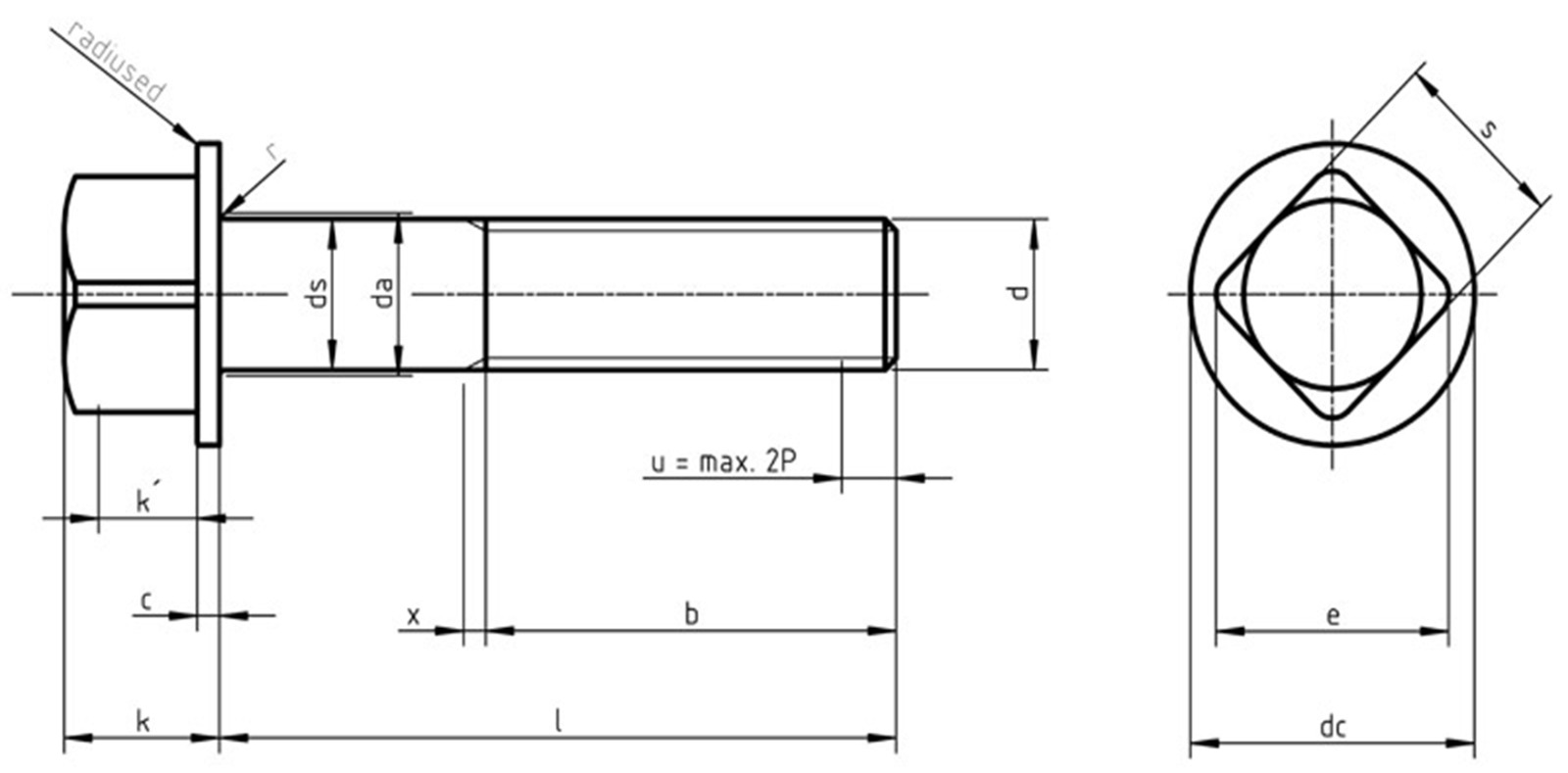 DIN 478 Square Head Bolt with Collar Technical Drawing 1