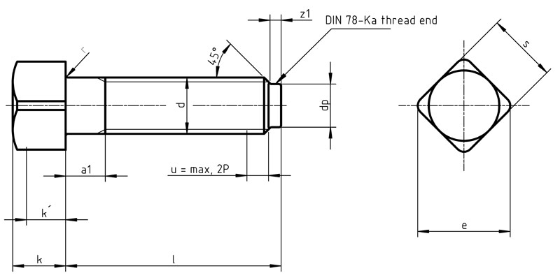 DIN 479 Square Head Bolt with Collar Technical Drawing 1