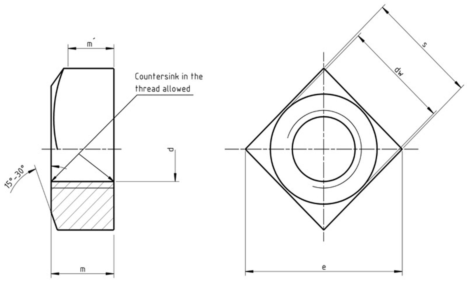 DIN 557 Square Nut Technical Drawing 1